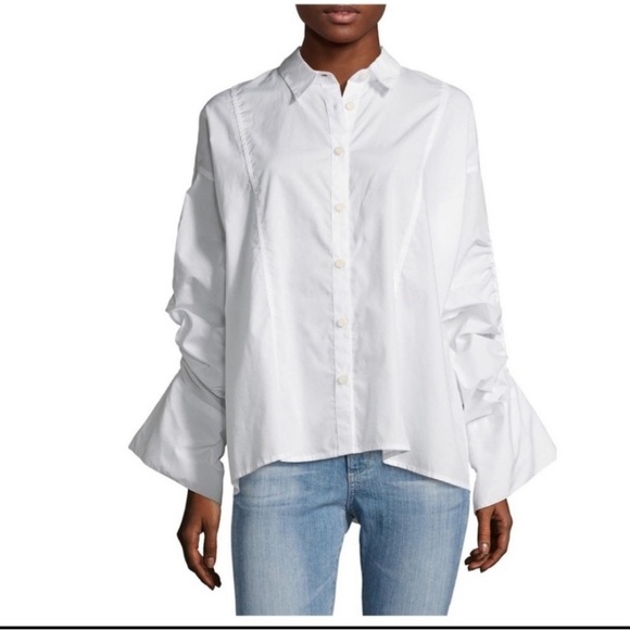 Free People Brown Eyed Girl White Poplin Boyfriend Ruched Sleeves Blouse Shirt - Picture 12 of 15